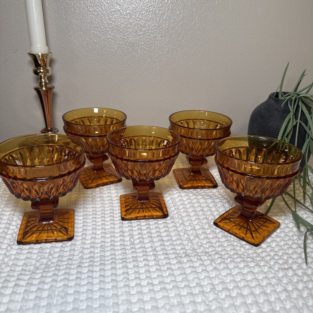 Vintage Indiana Glass Amber Pedestal Dessert Compote Cups Set 5 Starburst MCM